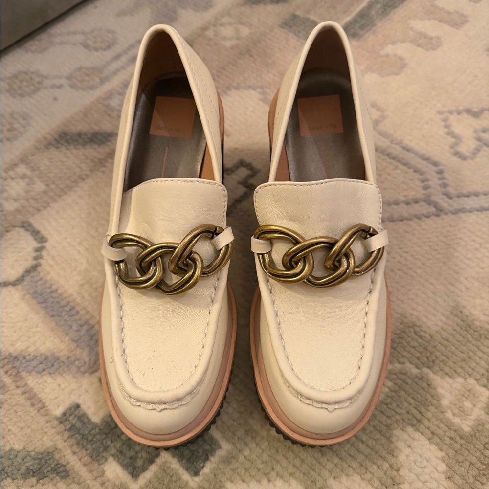 Dolce Vita Cream Loafers with Gold Chain Detail